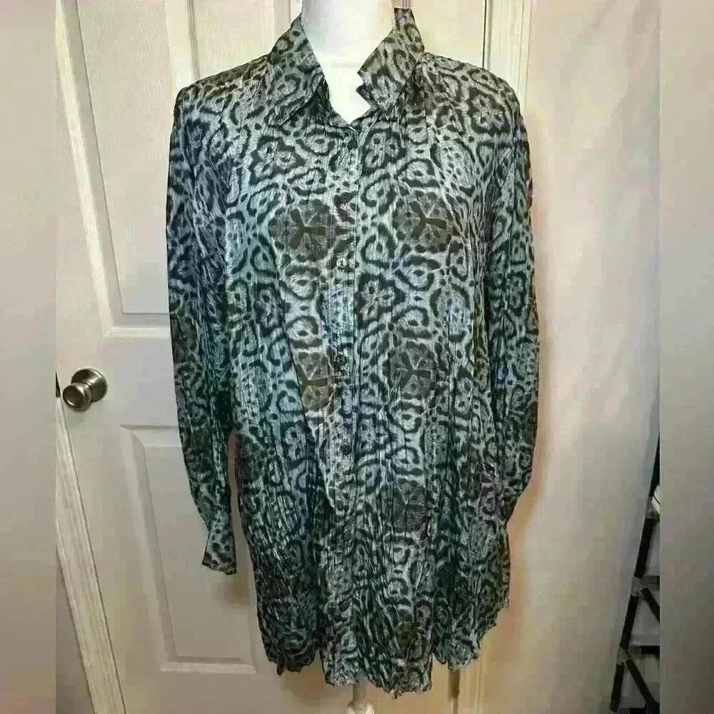 Lynn Ritchie Vintage 100% Silk Long Shirt - Brown + Blue - Women’s Size Medium - Picture 2 of 15